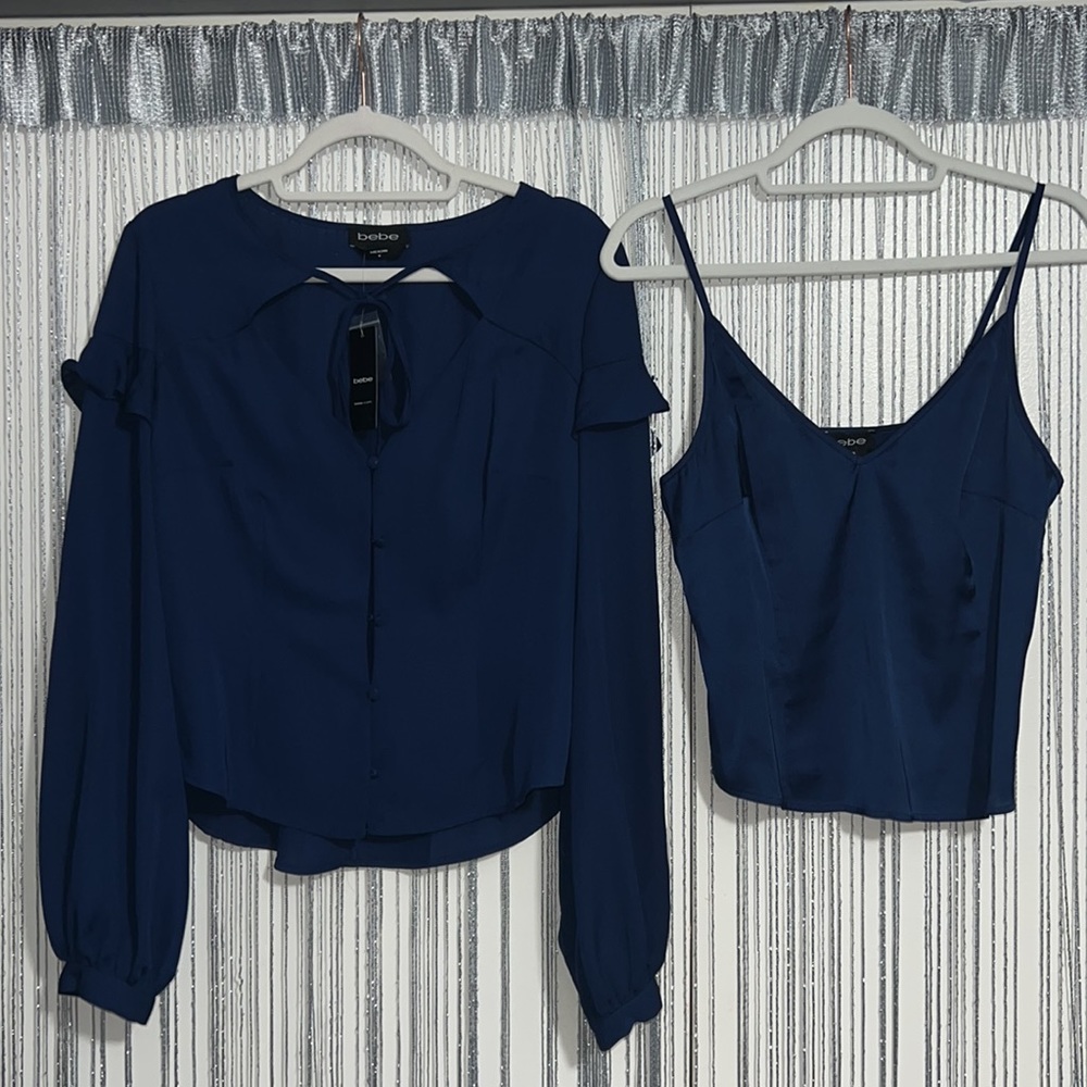Brand new! bebe navy blue long sleeve blouse with matching cami size Medium